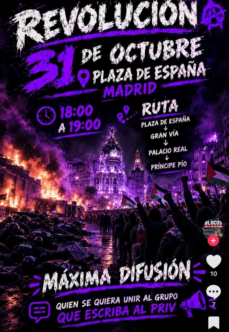 Blocus, el movimiento de TikTok que recluta jóvenes para imitar las violentas protestas de Francia, lanza una convocatoria para la noche de Halloween en Madrid y Barcelona: "En Plaza de España a las 18.00"
